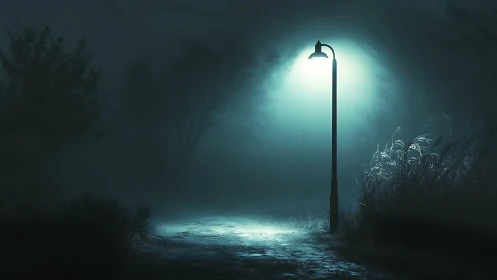 Single streetlamp illuminates foggy path in sparse vegetation