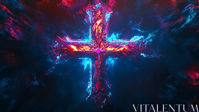 Neon cruciform storm carves glowing fissures through void