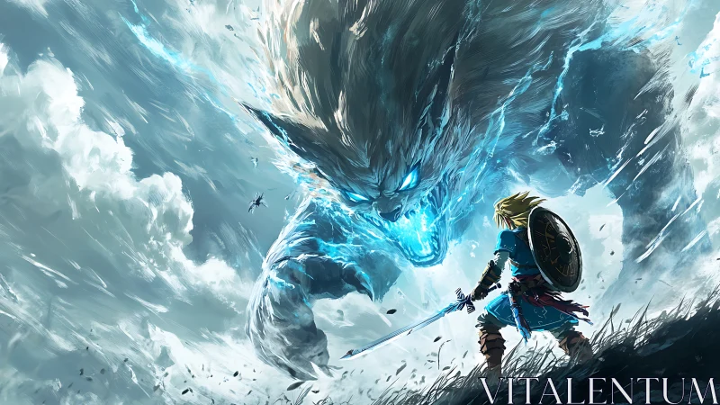 Storm-lit hero facing vast elemental beast with quiet courage.