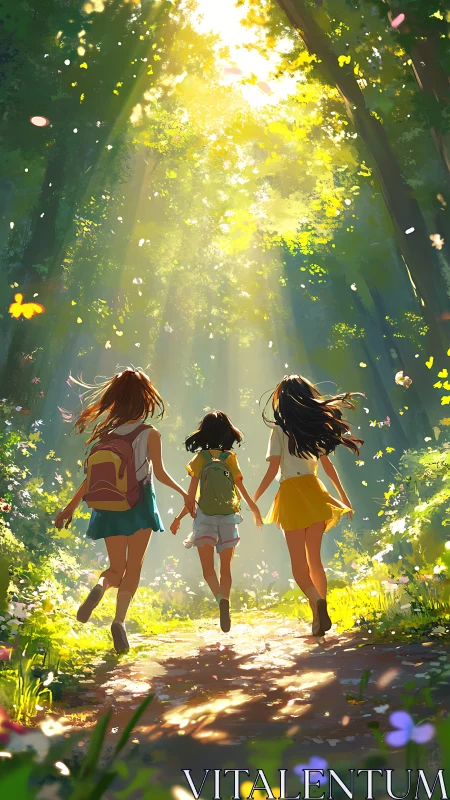 Sunlit forest path welcomes three joyful friends running