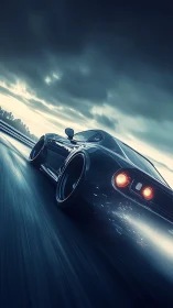 Sports car accelerates on wet track under stormy sky