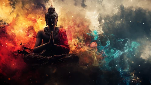 Digital painting of meditative Buddha in cosmic smoke field.