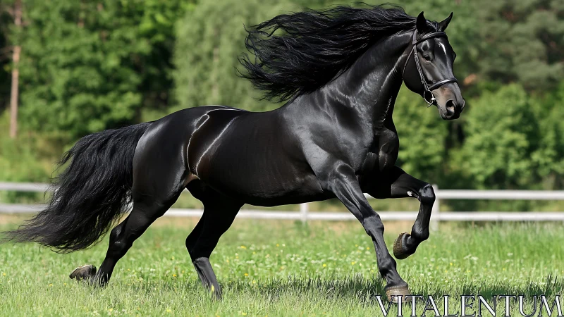 Midnight stallion thunders through sunlit emerald meadow.