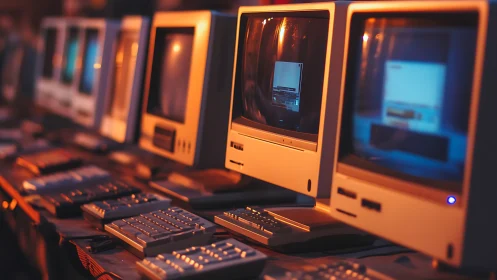 Row of vintage CRT desktop computers sits illuminated