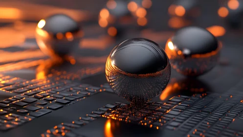 Reflective chrome spheres rest on illuminated circuit surface