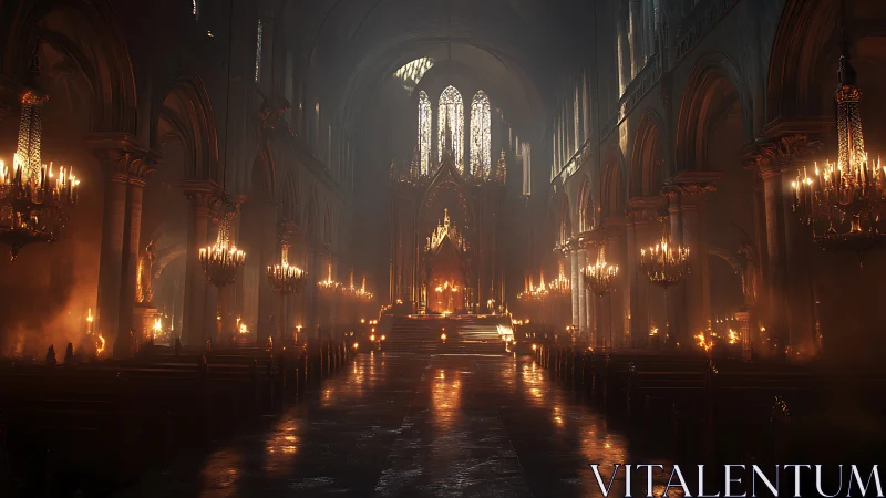 Gothic cathedral nave with candlelit chandeliers and altar glow