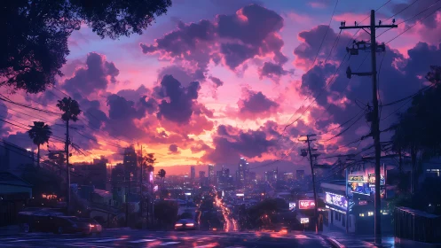 Neon city sunset skyline under magenta stratocumulus sky.