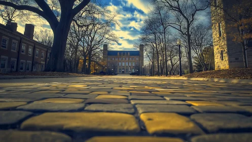 Low-angle view shows cobblestone path leading to campus hall