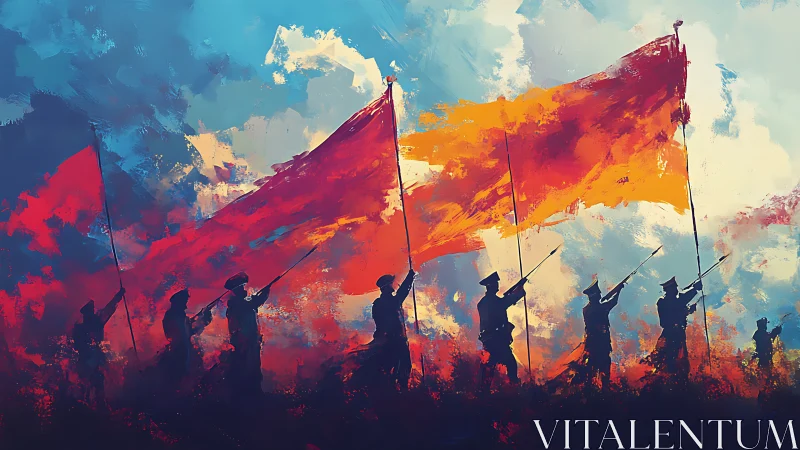 Militia silhouettes march beneath sweeping red banners at dawn.