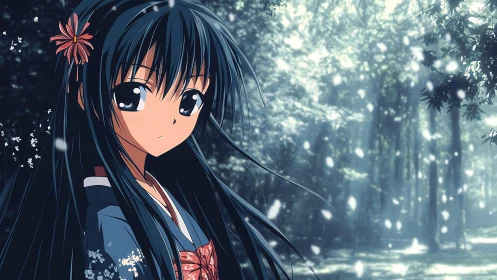 Blue‑kimono anime girl in dappled forest light with drifting petals
