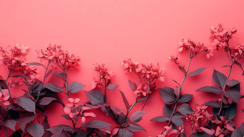 Red flowers arranged against monochromatic pink background.