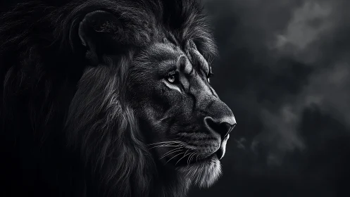 Midnight monarch lion in storm-shadowed grayscale profile.