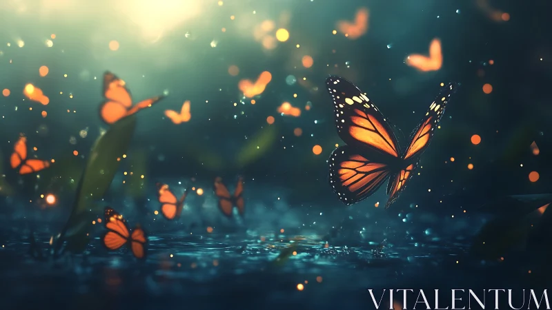Magical Monarch Butterflies in Dreamy Forest Light, Digital Art.