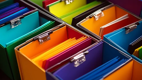 Colorful file boxes turning everyday organization cheerful.