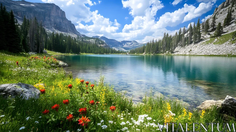 Wildflower chorus leans toward a glassy turquoise mountain lake
