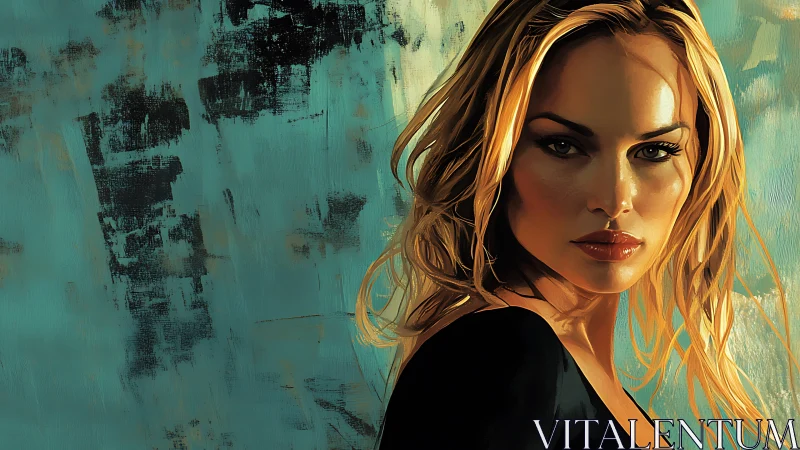 Digital portrait of woman against textured teal background.