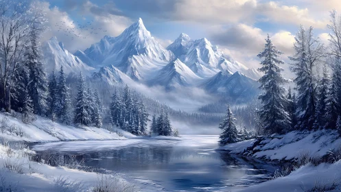 Snowy alpine river mirrors towering winter mountainscape.