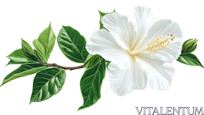White Hibiscus Blossom with Foliage on Delicate Branch