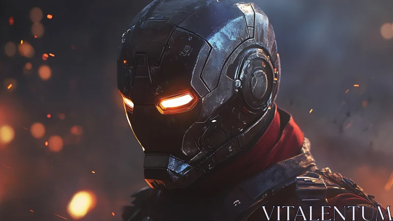 Battleworn tactical exosuit helmet with glowing visor in embers