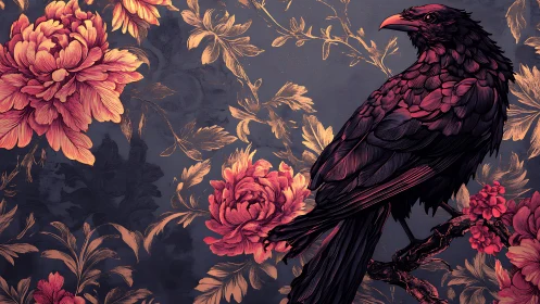 Crimson raven perched amid baroque floral ornamentation.