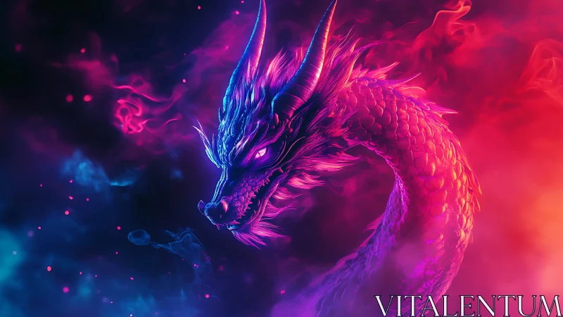 Neon bioluminescent dragon profile in magenta cyan vapor field.