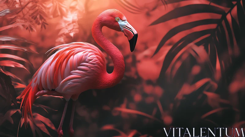 Radiant flamingo poised in lush crimson jungle light.