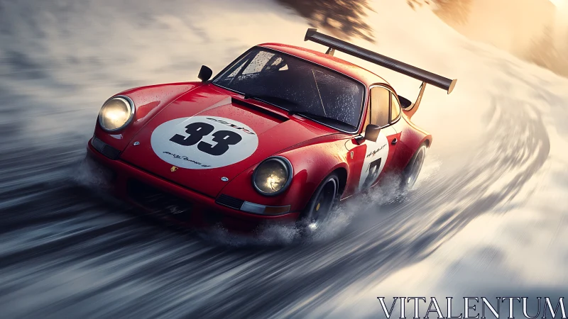 Red race car carves a thrilling path through snowy curves