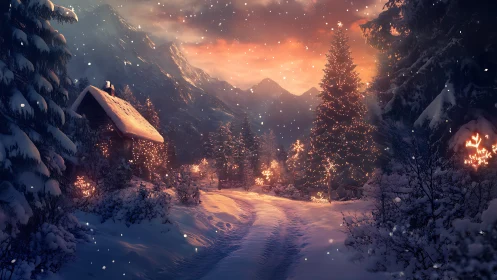 Snowy mountain cabin glowing with cozy holiday lights.