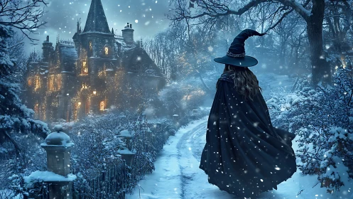 Solitary witch approaches a snowbound gothic manor at dusk