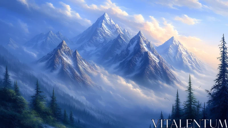 Layered alpine peaks emerge through volumetric mist and warm skylight