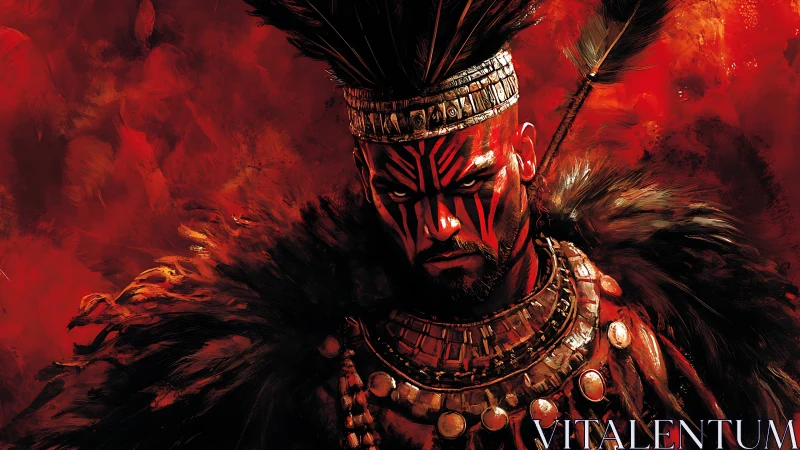 Warrior shaman stares through red storm of ritual fire.