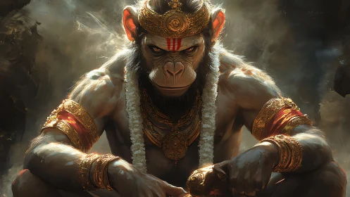 Regal warrior monkey resting in a storm of golden light.