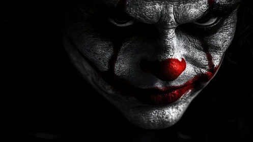 Sinister clown close-up with harsh shadows and red makeup.