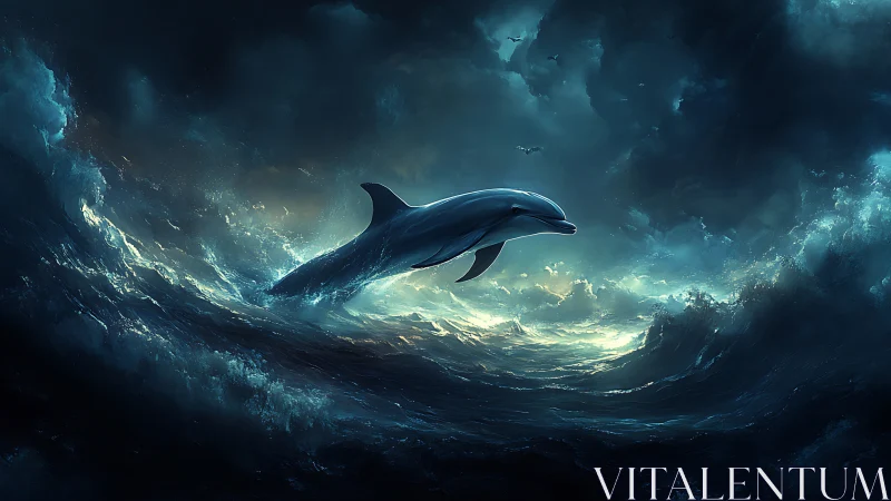 Luminous dolphin arcs through storm-tossed midnight waves.