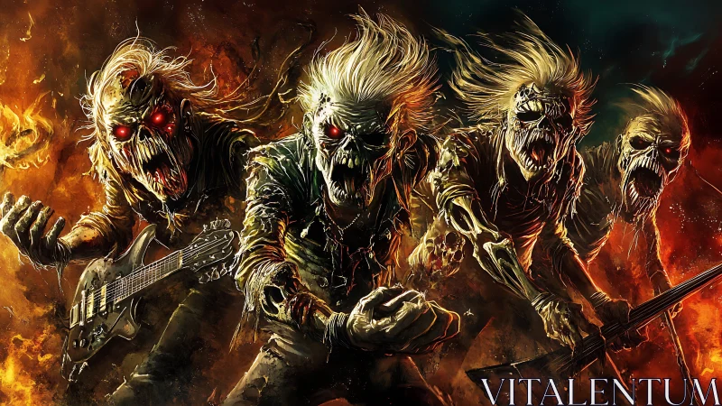 Flaming undead rock band charging through molten chaos.