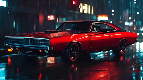 Red muscle car glows against neon city streets in rain