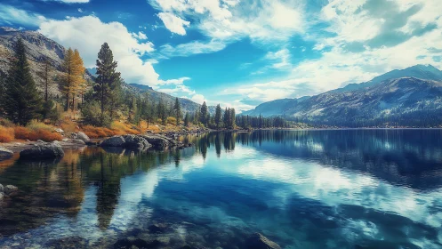 Calm mountain lake mirroring bright skies and autumn pines.