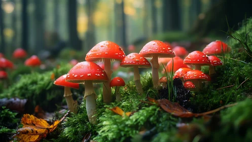 Red toadstools clustered on mossy forest floor at dusk