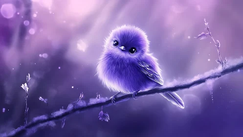 Starlit puffball bird balances on a frosted violet branch