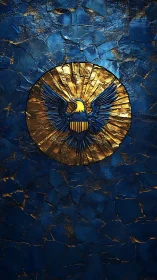 Golden eagle insignia glows over cracked sapphire wall.