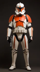 Orange legion trooper stands at parade rest in studio silence.
