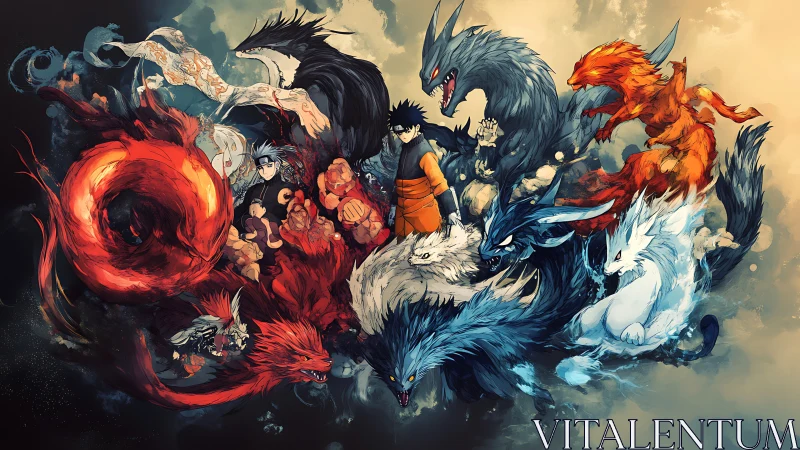 Elemental tailed beasts spiral around rival ninja destinies.