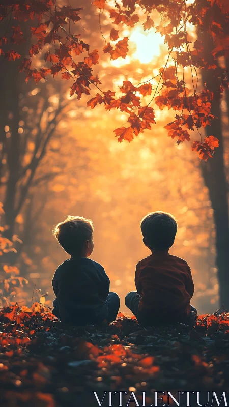 Two children sit under autumn leaves in warm backlight