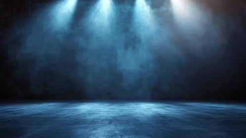 Empty stage with blue spotlights and textured floor surface.