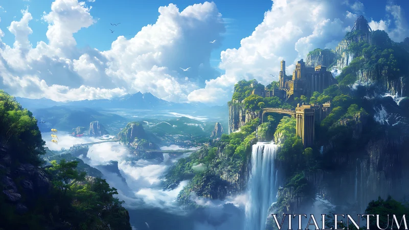 Mountain citadel above waterfalls in lush valley panorama.