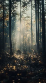 Misty Forest Light. Golden Rays Piercing Through Pine Trees.