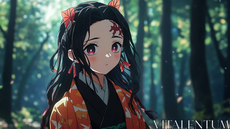 Anime girl with red eyes stands in softly lit forest