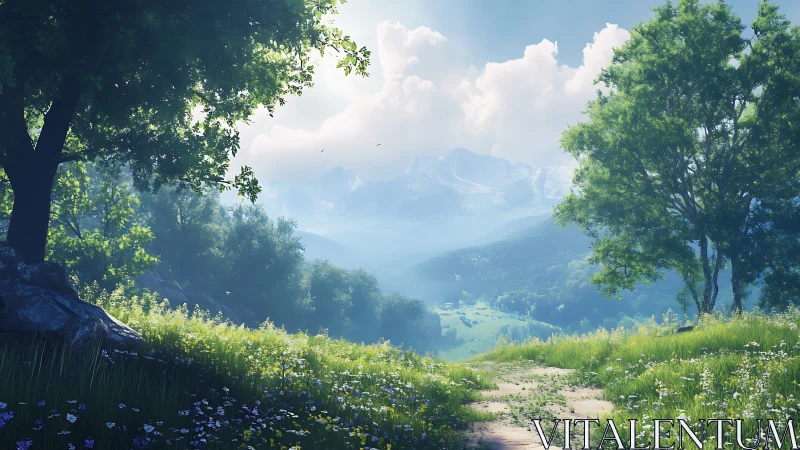 Sunlit mountain meadow opens onto tranquil distant peaks