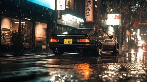 Midnight street racer hums softly through neon rain