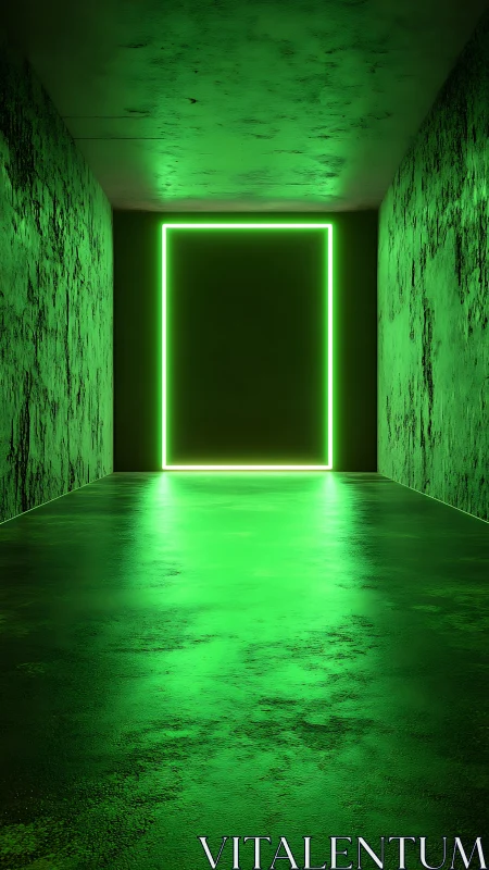 Green neon doorway in textured concrete tunnel corridor.